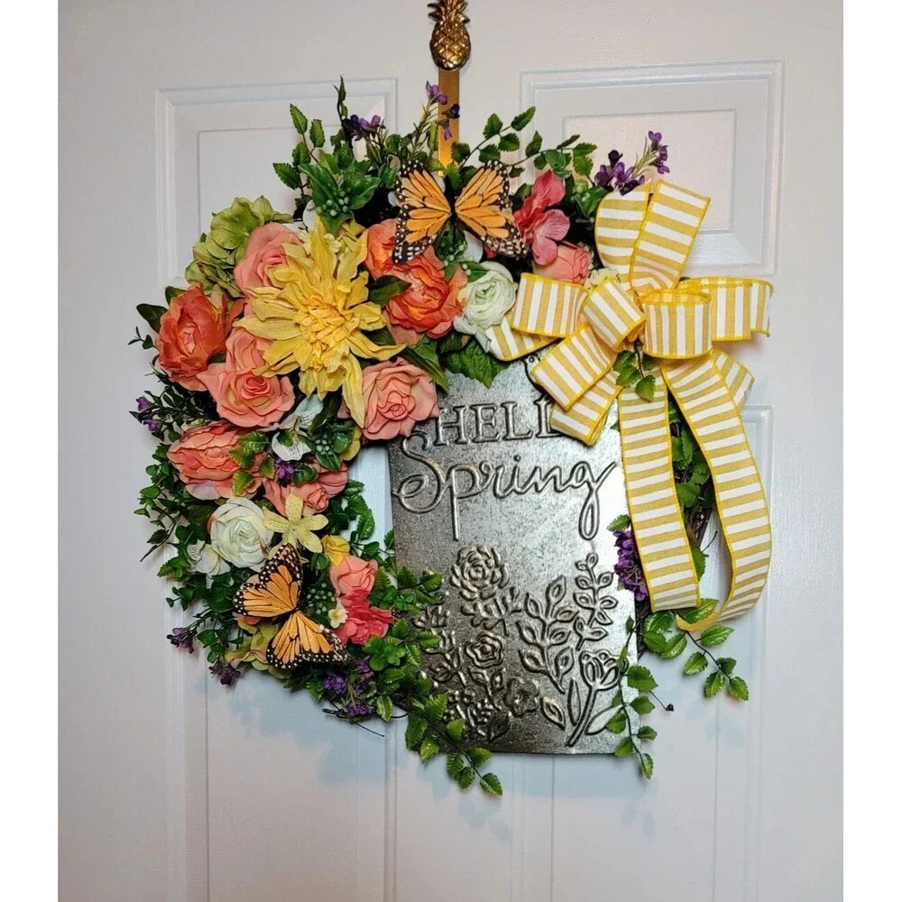 Hello Spring Butterfly Wreath, Spring Florals Grapevine, Floral Farmhouse Wreath